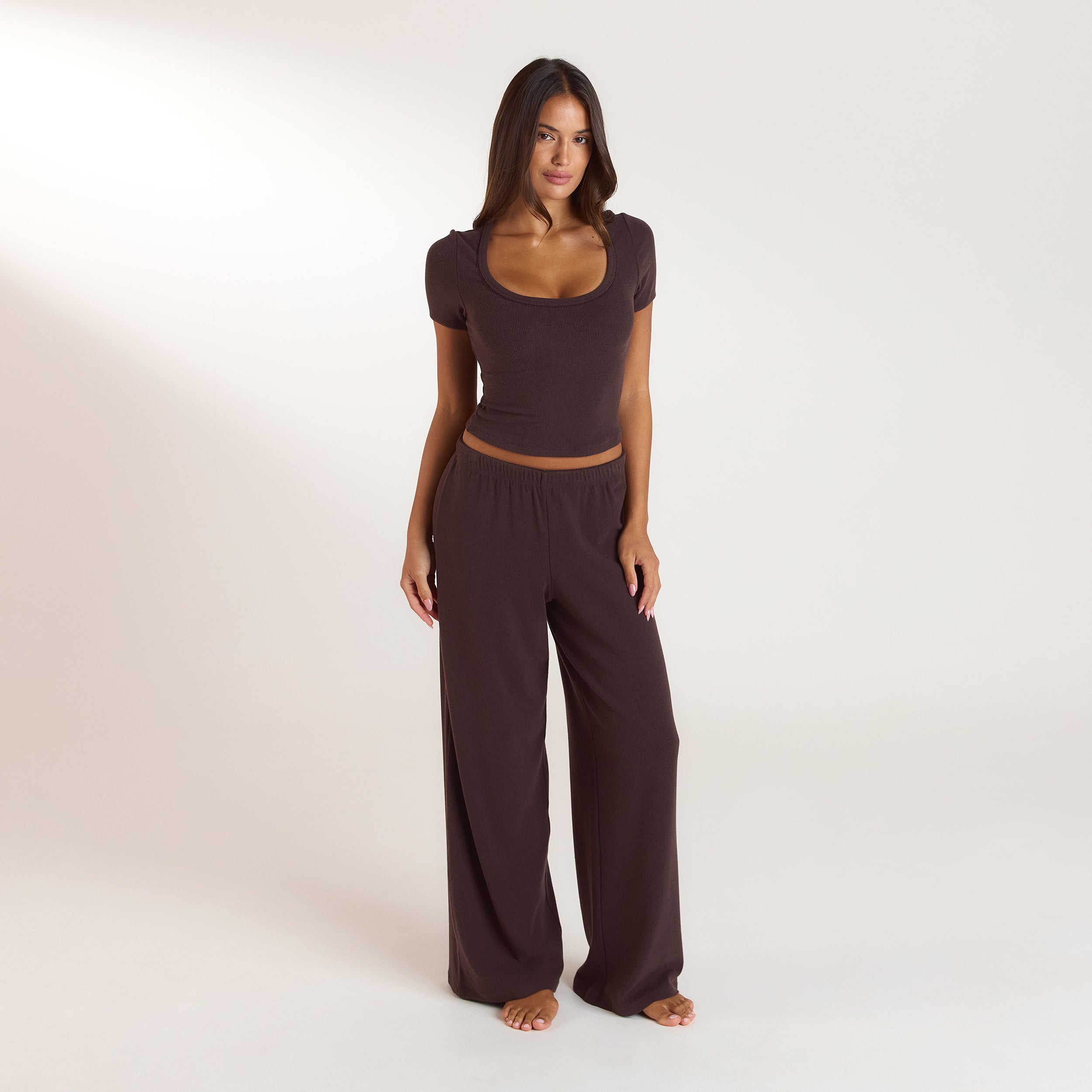 Ribbed Short-Sleeve Pyjama Top | Ribbed Short-Sleeve Pyjama Top - Dark Chocolate