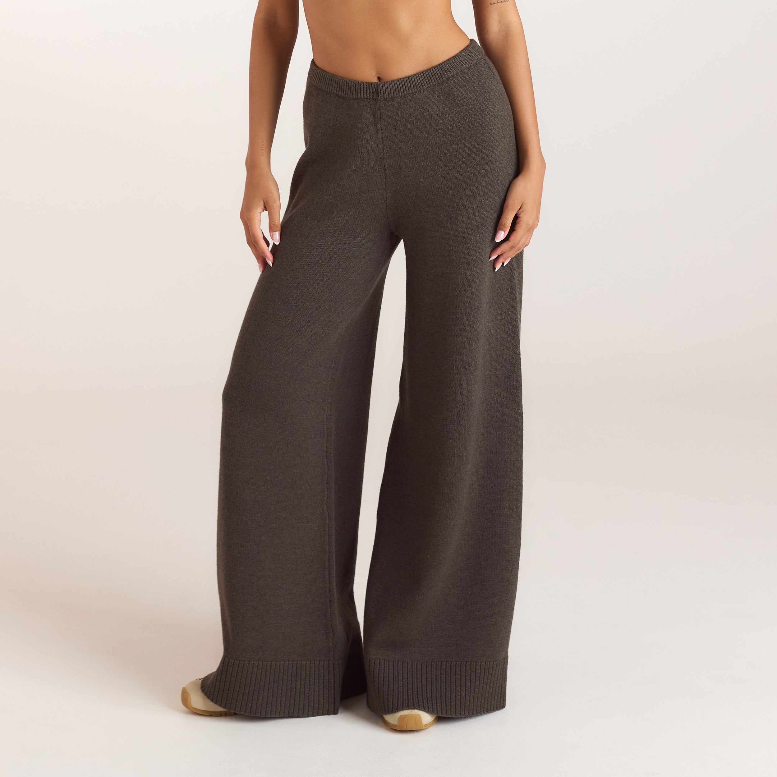 Ribbed Hem Knitted Trousers - Moss Green