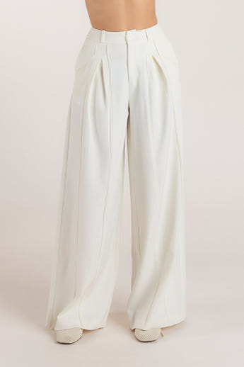 Wide-Leg Pleat Detail Trousers - Off White