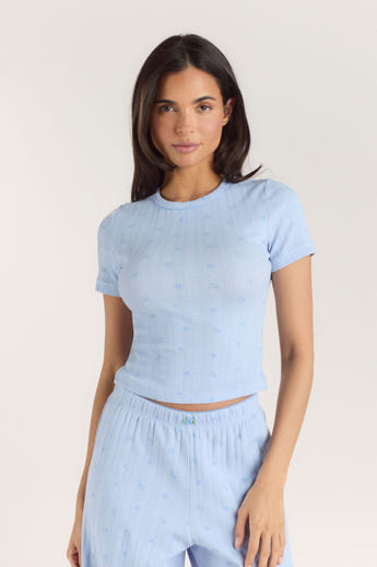 Pointelle Fitted Pyjama Top - Blue Floral