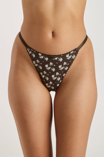 Strappy Pointelle Thong - Brown Floral Print