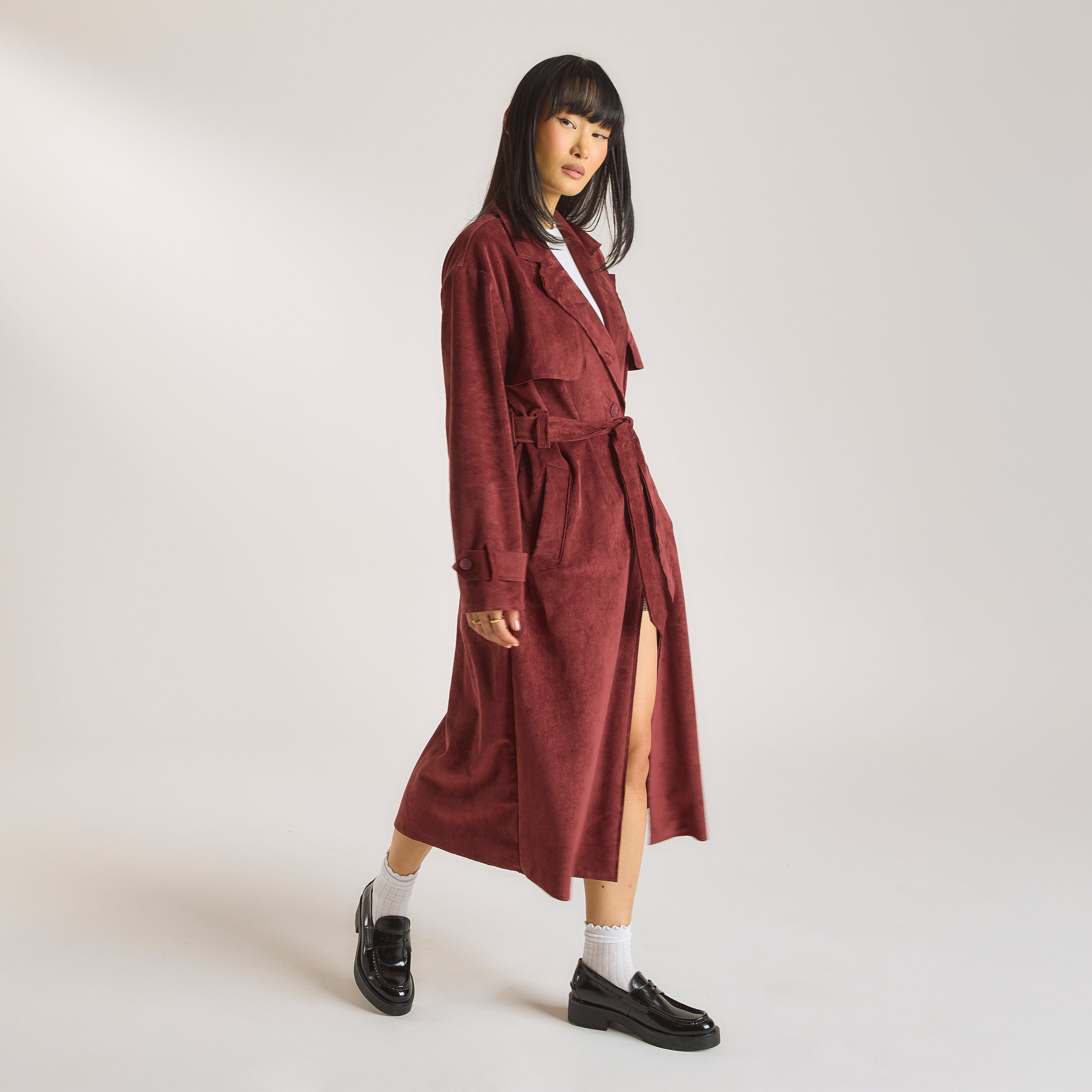 Suedette Trench Coat | Suedette Trench Coat - Burgundy