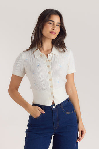 Embroidered Knitted Top - Cream