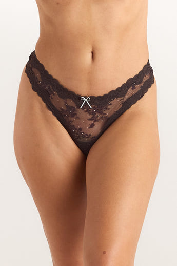 Demure Lace Thong - Dark Chocolate