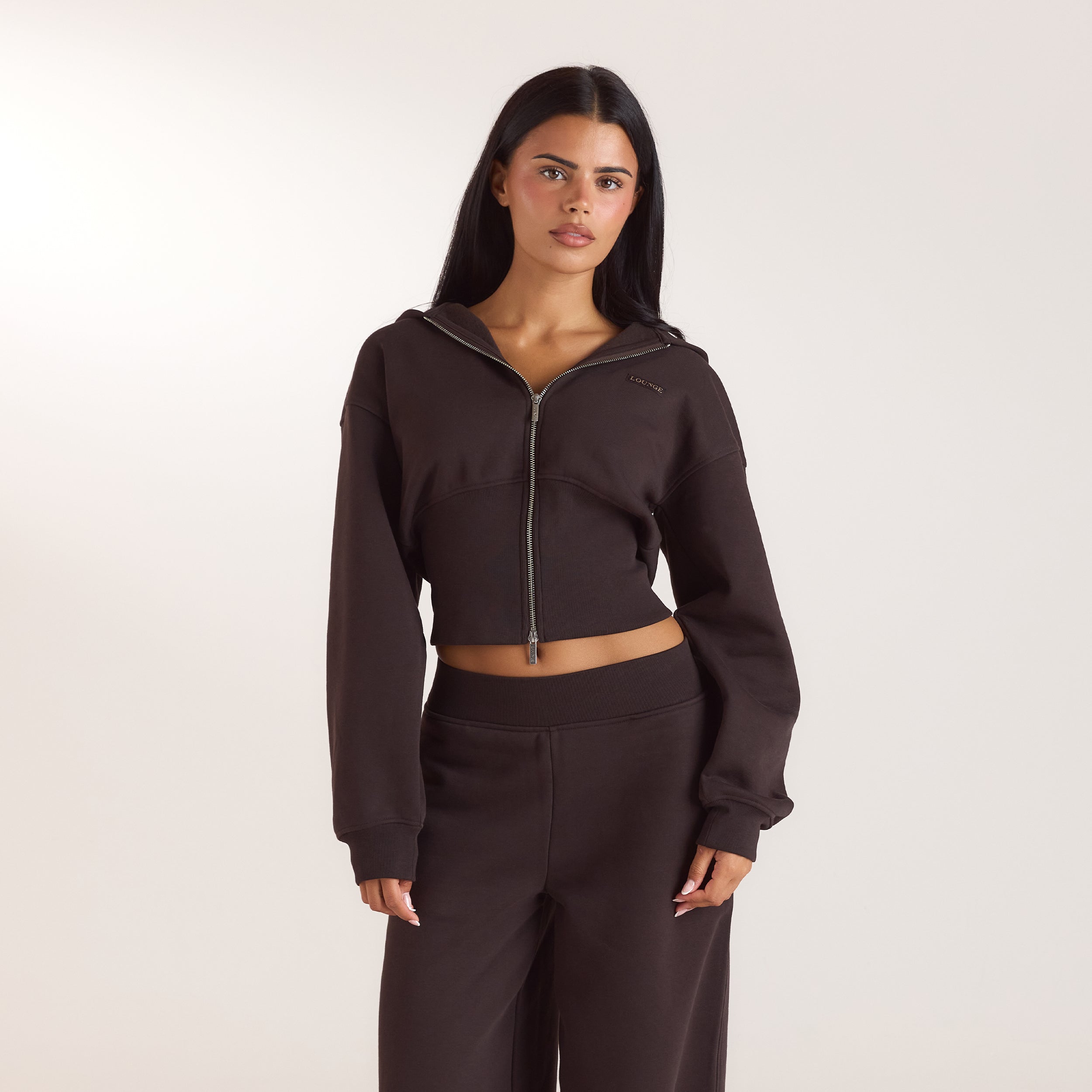 Fitted-Waist Zip-Up Hoodie - Dark Chocolate alternate