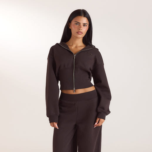 Fitted-Waist Zip-Up Hoodie - Dark Chocolate alternate