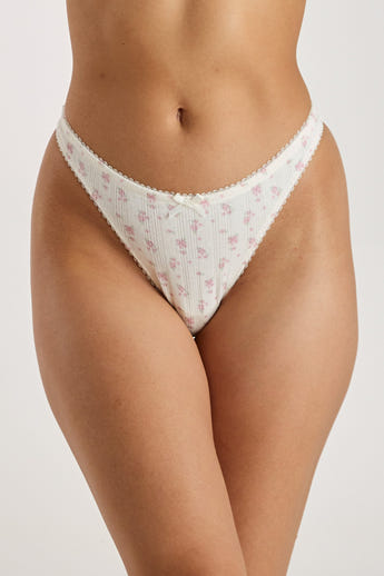 Pointelle Thong - Ivory Floral Print