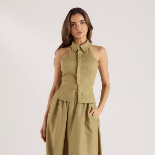 Linen Blend Halter Top - Pistachio