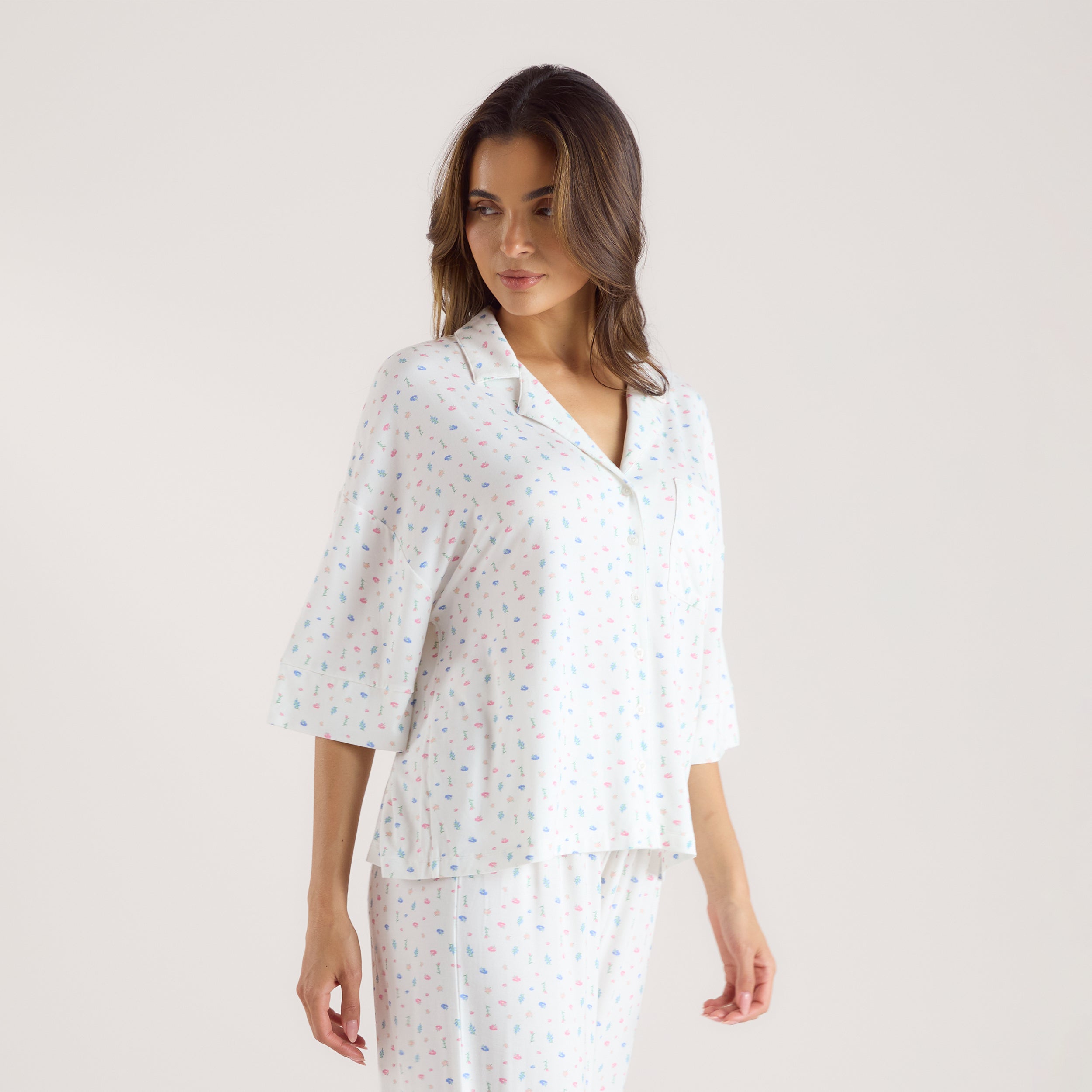 Modal Short Sleeve Pyjama Shirt | Modal Short Sleeve Pyjama Shirt - White Floral