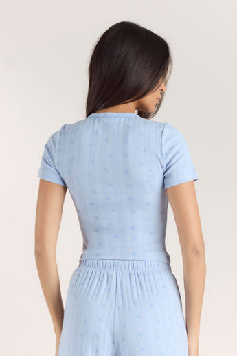 Pointelle Fitted Pyjama Top - Blue Floral alternate