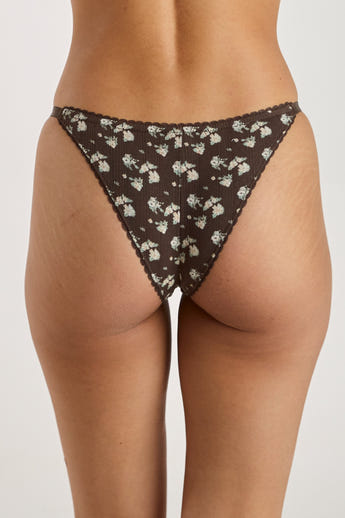 Strappy Pointelle Brazilian Briefs - Brown Floral Print alternate