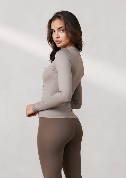 Signature Ribbed Long Sleeve Zip-Up Top - Dune – Lounge Underwear