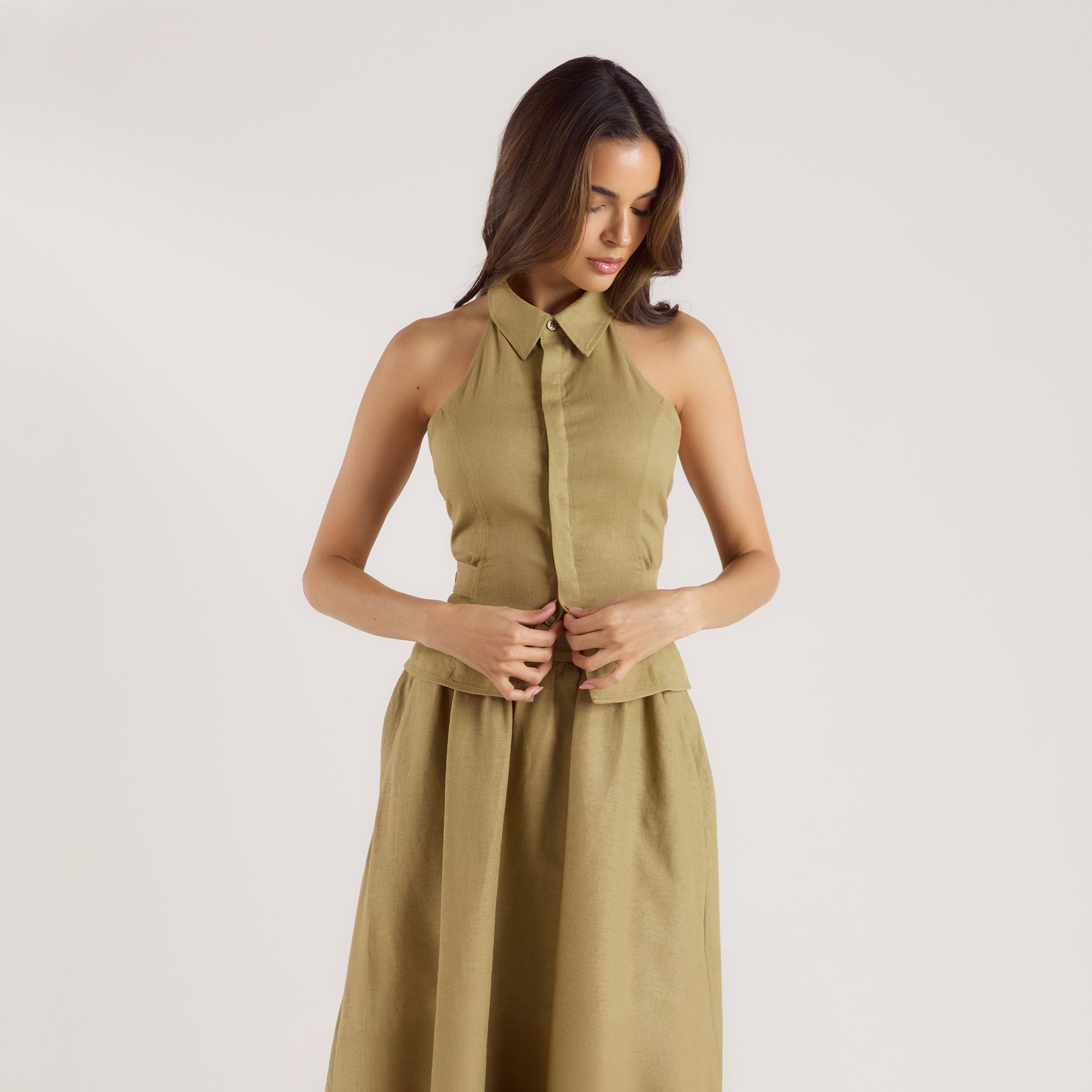 Linen Blend Halter Top | Linen Blend Halter Top - Pistachio