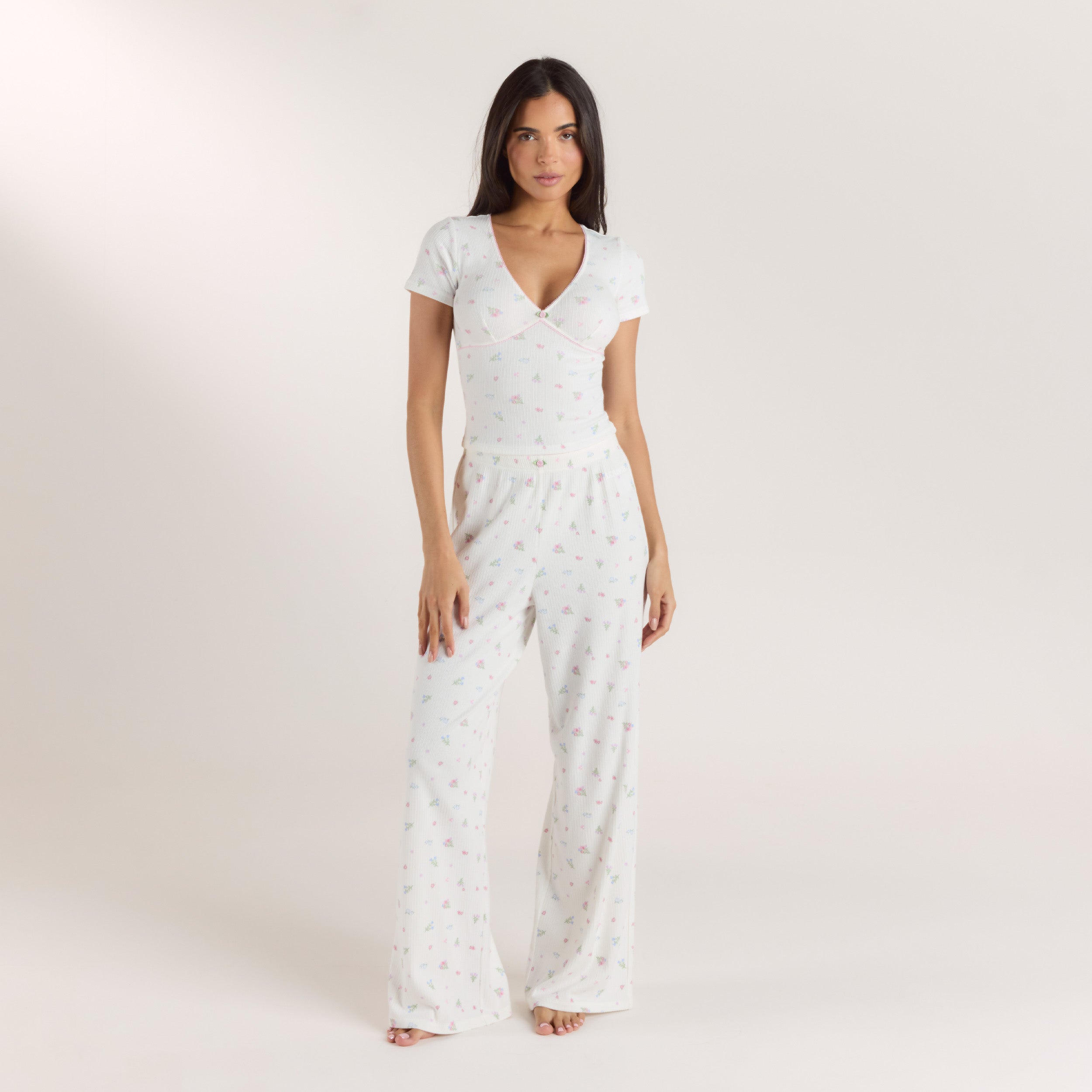 Ribbed Short-Sleeve Pyjama Top | Ribbed Short-Sleeve Pyjama Top - White Floral