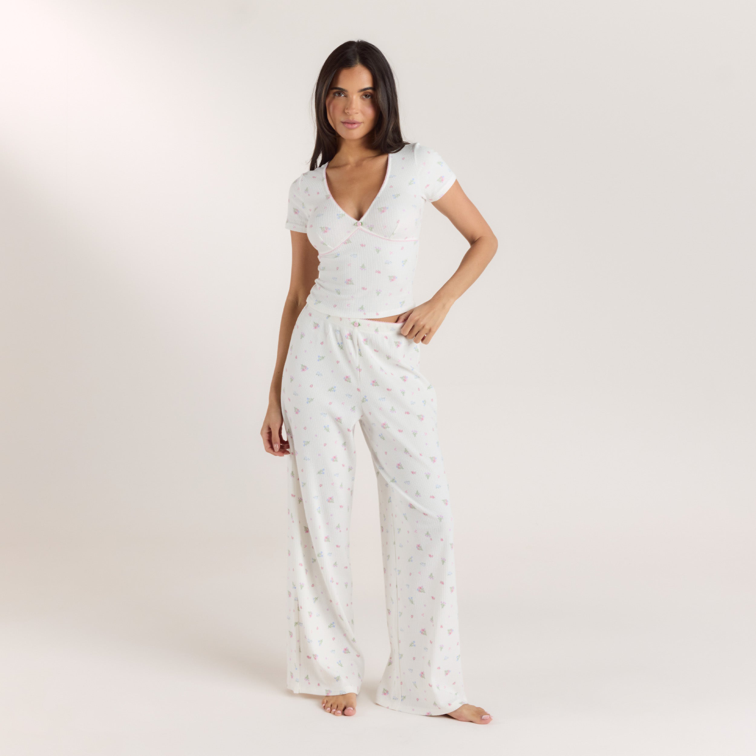 Ribbed Pyjama Bottoms | Ribbed Pyjama Bottoms - White Floral
