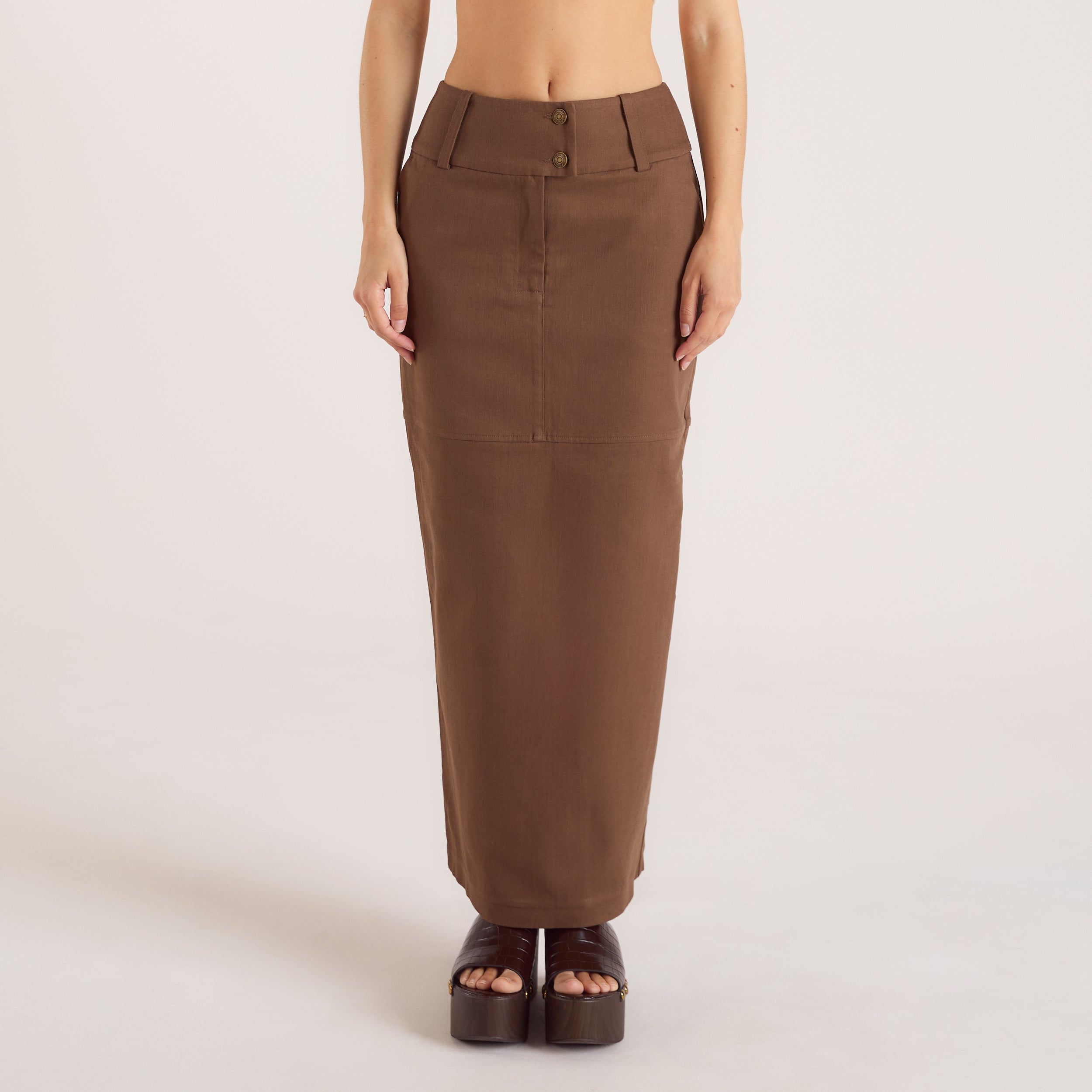 Double Button Woven Maxi Skirt | Double Button Woven Maxi Skirt - Chocolate