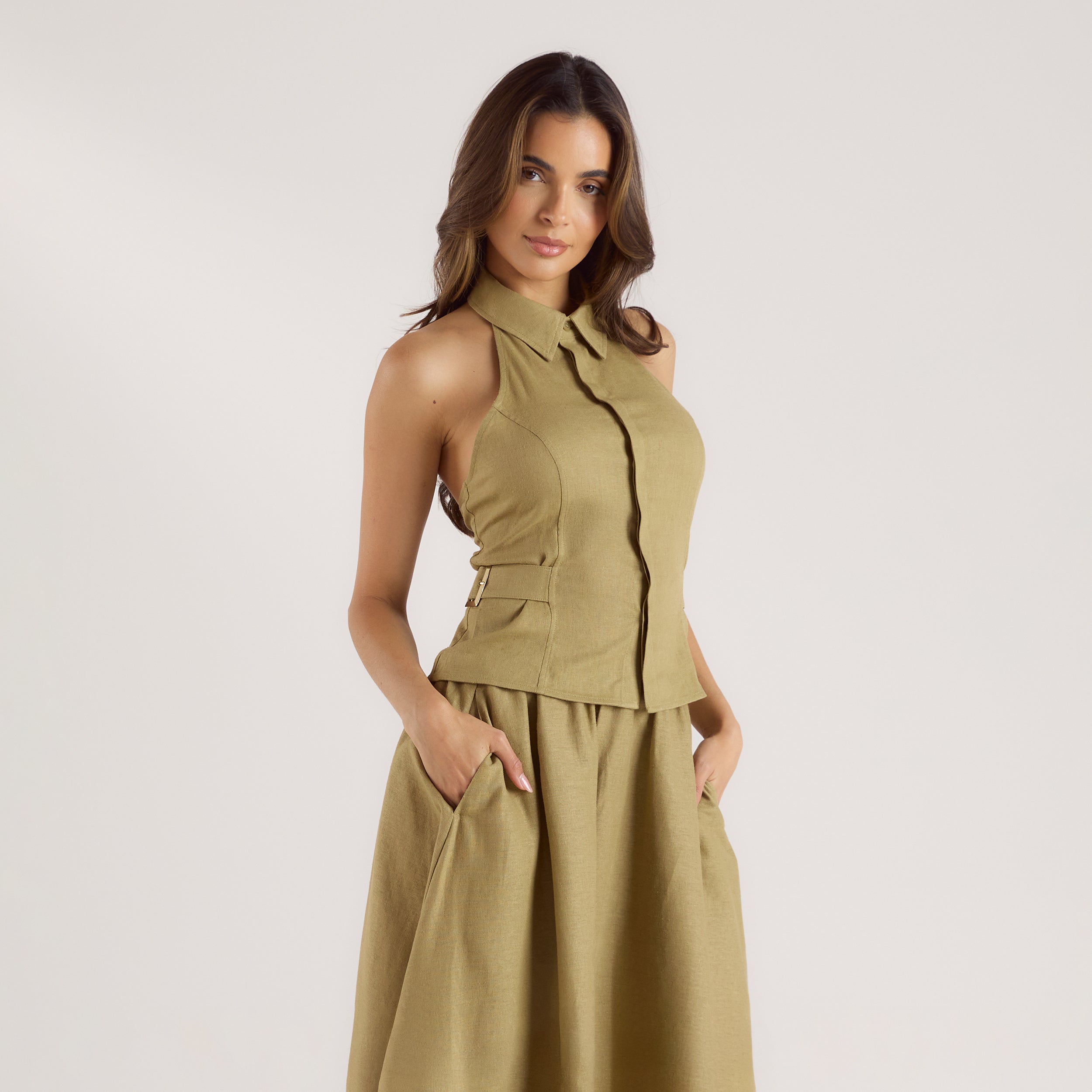 Linen Blend Halter Top | Linen Blend Halter Top - Pistachio