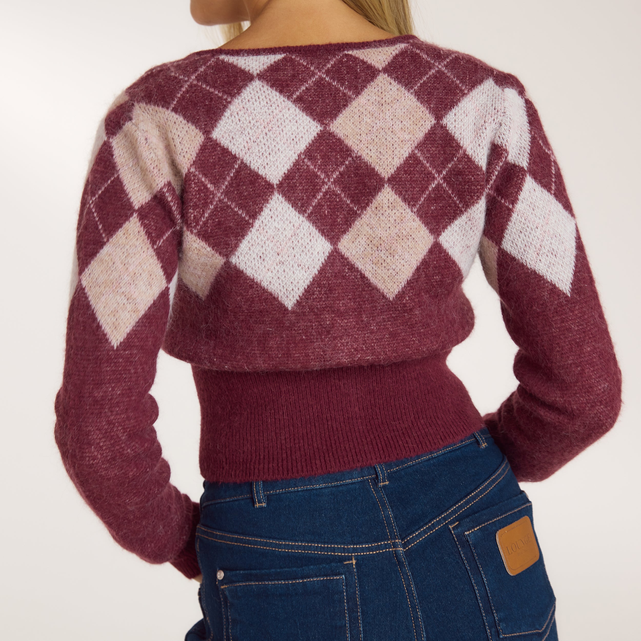 Argyle Wool Blend Cardigan - Cherry Lacquer